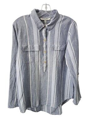 ELLEN TRACY Linen Blend Blue Striped Roll Tab Casual  Shirt Size Large